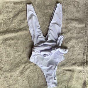 Deep V White Tie-Waist Swimsuit
